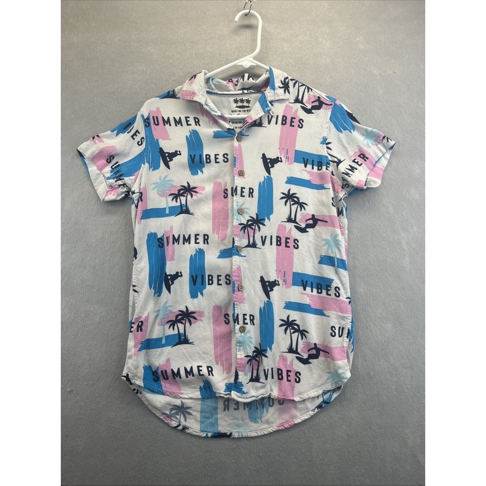 Vacay Spirit Off To The Beach Surfer Button Up Short Sleeve Blouse XS